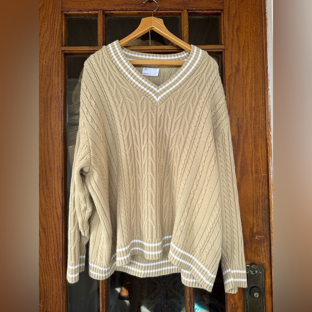 ASOS Design Beige Cable Knit V-Neck Sweater